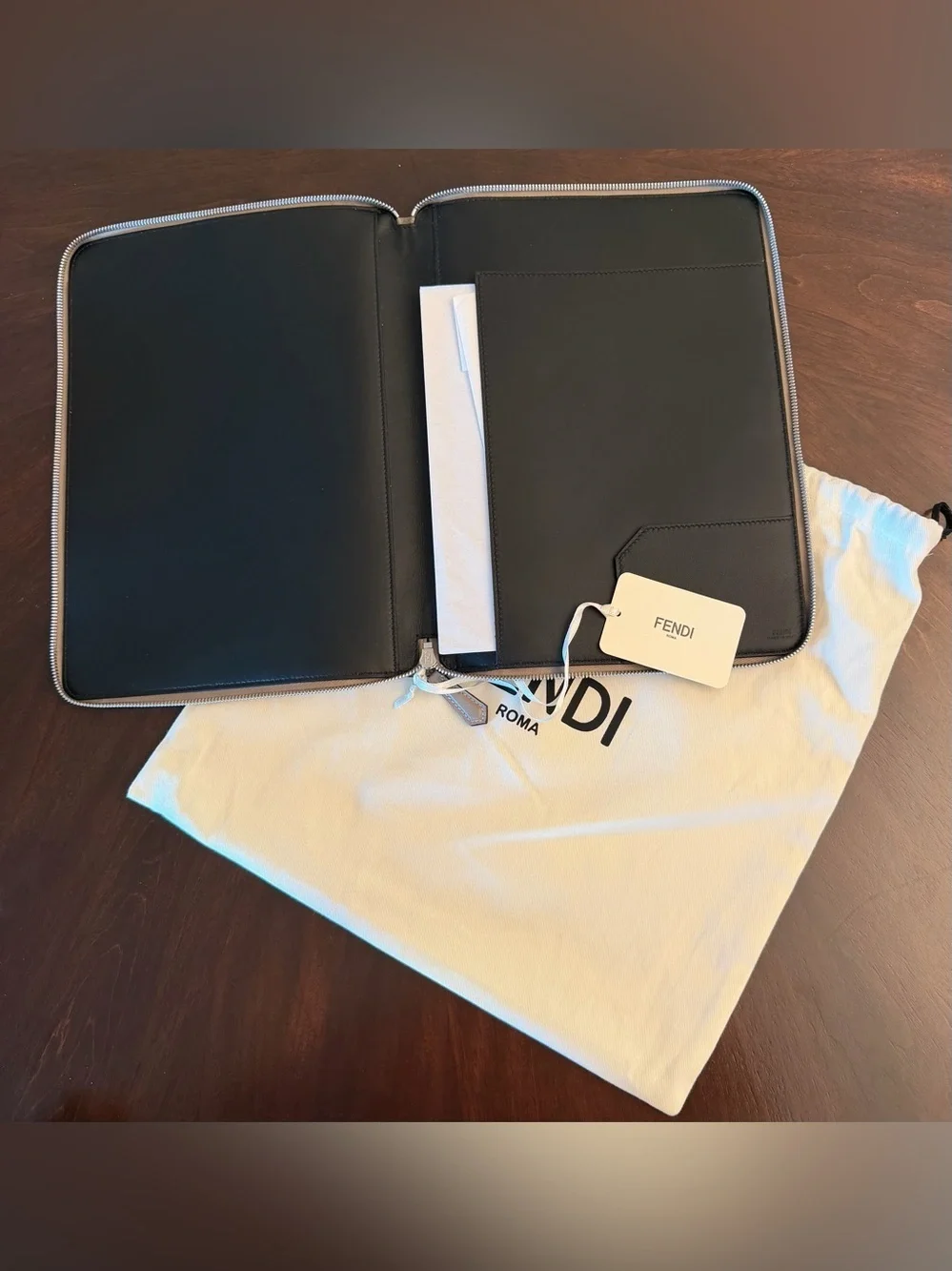Fendi Leather Zip Portfolio — Taupe Gray